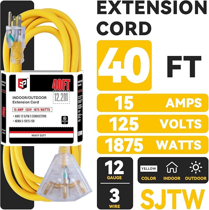EP 40 Ft 12 Gauge Heavy Duty Extension Cord, 15A 125V 1875W, 3 Outlet Indoor/Outdoor Power Cord with Lighted End, 12/3 SJTW Weatherproof Yellow