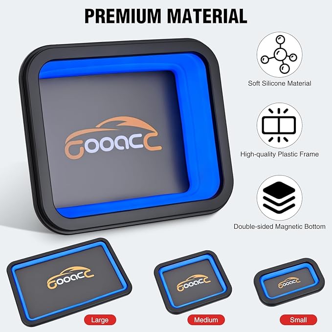 GOOACC 3 Sizes Collapsible Magnetic Parts Tray Set Blue Silicone Foldable Tool Trays Organizer for Screws Bolts Nuts Pins Washers and Other Small Metal Parts Double Sided Magnet Base