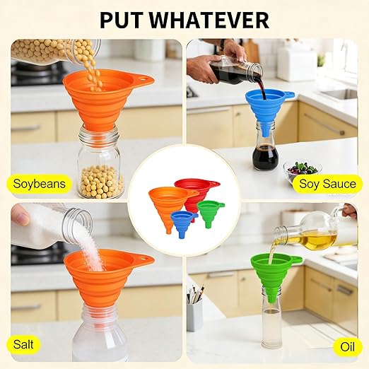4-Pack Kitchen Funnel Set, Small and Large, Upgraded Kitchen Gadgets Accessories Foldable Silicone Collapsible Funnels for Filling Water Bottle Liquid Transfer Food Grade