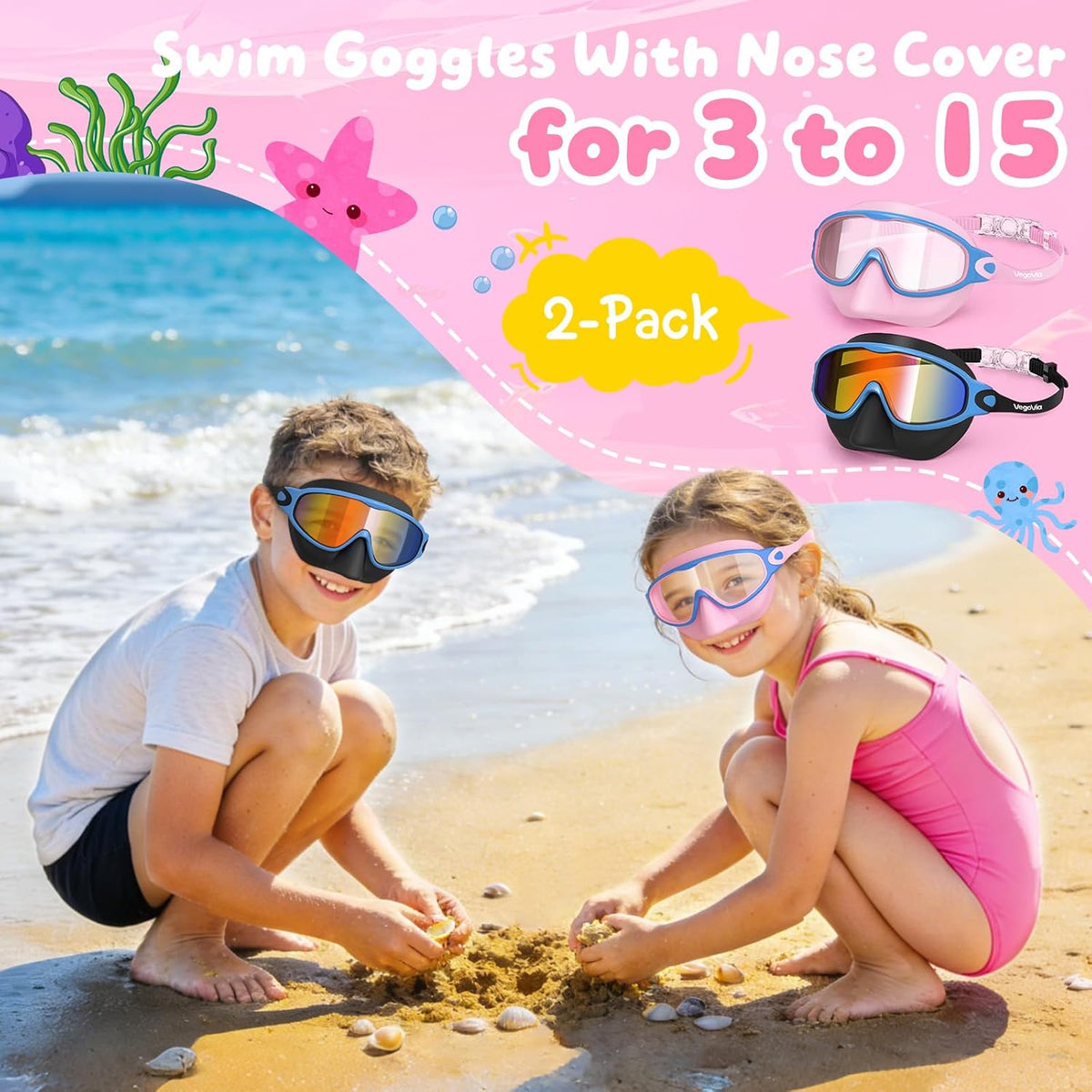 VegoVia Kids Swim Goggles - Anti-Fog UV Protection with Nose Cover | 2 Pack for Ages 3-15