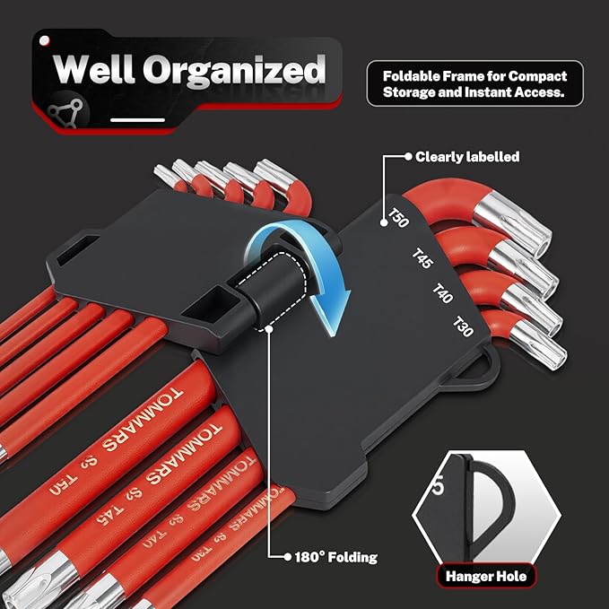 TOMMARS 31-Piece Stubby Allen Wrenches Set Ball End Hex Key Set SAE(0.05"-3/8") Metric(1.5mm-10mm) TORX(T10-T50)