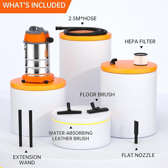 3200W Wet Dry Vacuum Cleaner 10 Gallon 8HP Peak Horsepower Stainless Steel Shop Vac for Garage, Car, Home & Workshop High Suction Power 360° Swivel Wheels, Blower Function & Multiple Attachments