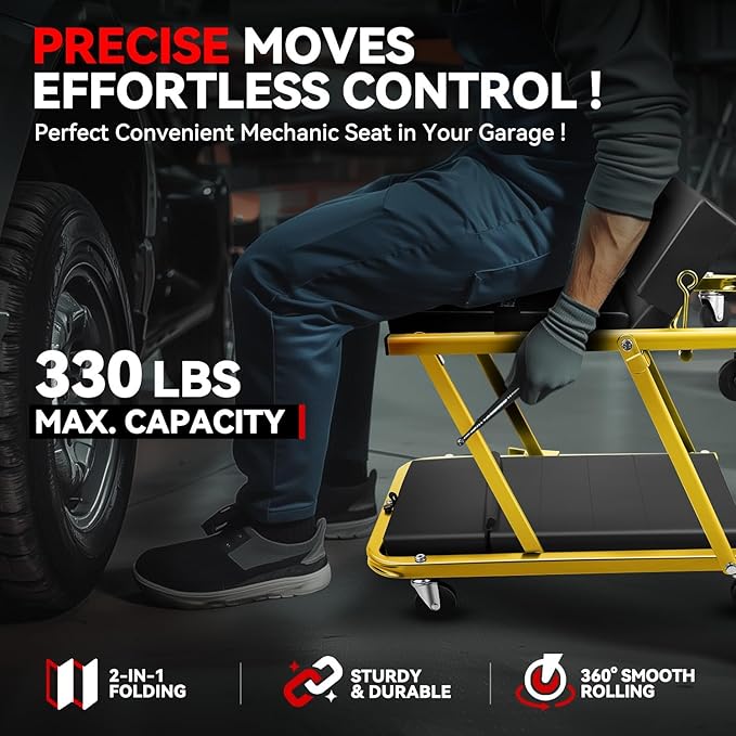 Auto Dynasty 48" Z-Creeper Seat, 2-in-1 Foldable Garage Rolling Creeper Shop Seat, 330 LBS Capacity Automotive Mechanic Under Car Repair Tool, Yellow