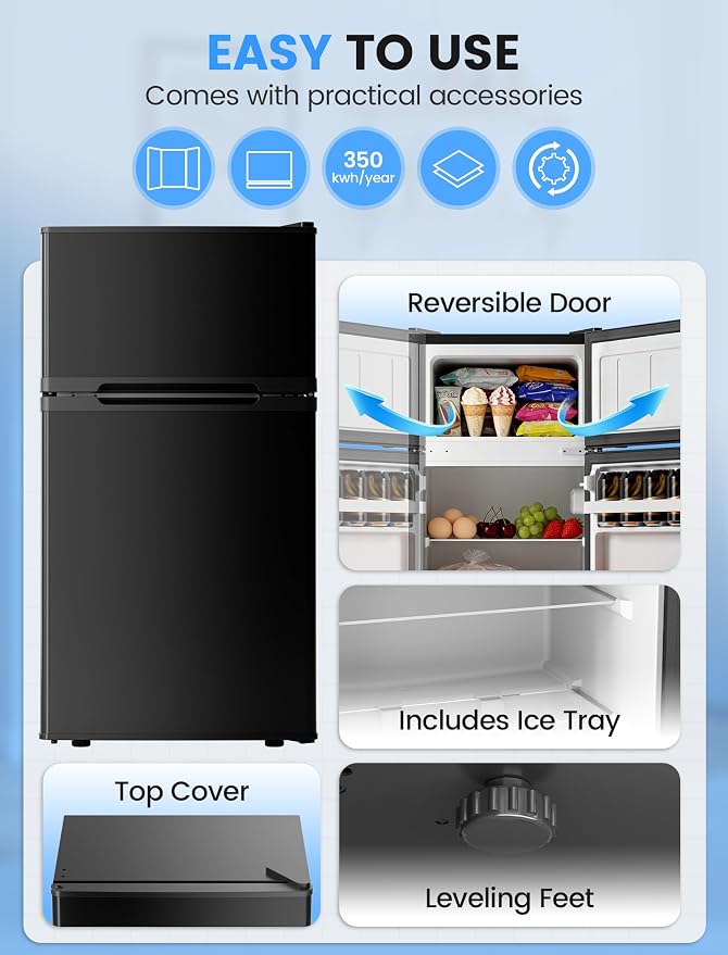 COWSAR 2.5 Cu.Ft Mini Compact Refrigerator with Freezer, Double Reversible Door with 2 Removable Shelves, Commercial Drink Fridge for Bedroom, Office, Kitchen, Dorm, Black
