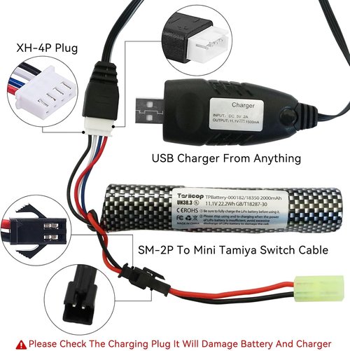 Airsoft Gel Blaster Battery - 11.1V 2000mAh Rechargeable Water Bead Battery with Mini Tamiya Plug - 1 Pack