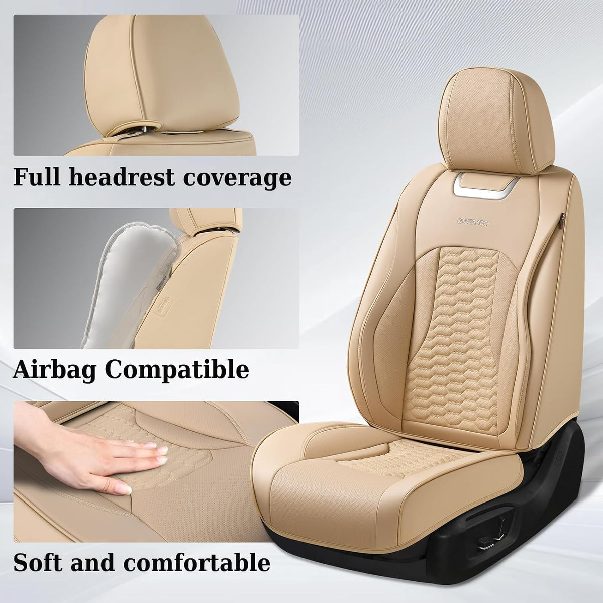 Coverado Car Seat Covers Front Seats, Luxury Leather Seat Covers for Cars, Automotive Car Seat Covers Protector Universal Fit Most Sedans, SUVs, Pick-up Trucks Interior Accessories(Beige)