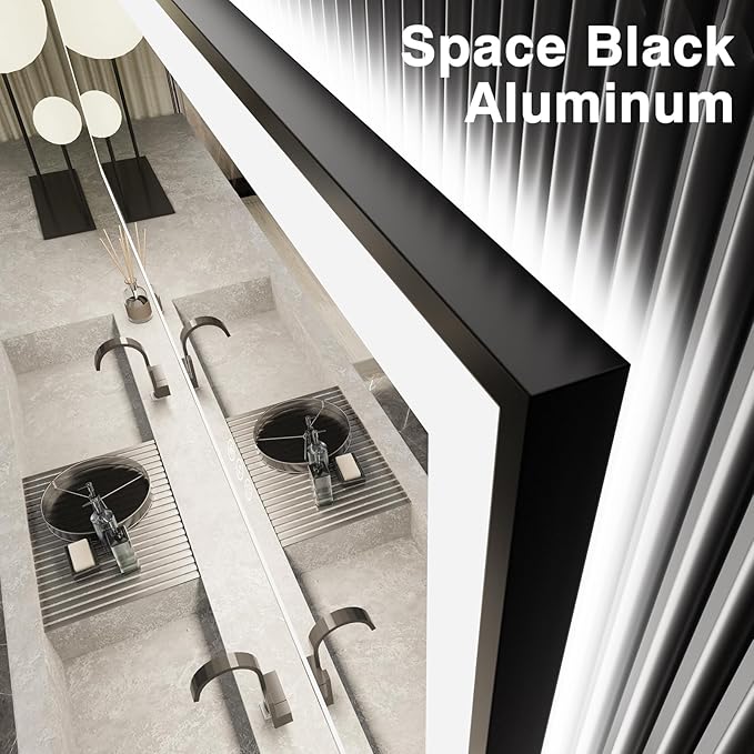 51x32 LED Lit Bathroom Mirror - Black Framed, Front and Backlit LED Lighted, Anti-Fog Bathroom Mirror with Lights, 3 Colors Stepless Dimmable Mirror, Touch Sense (Horizontal/Vertical)