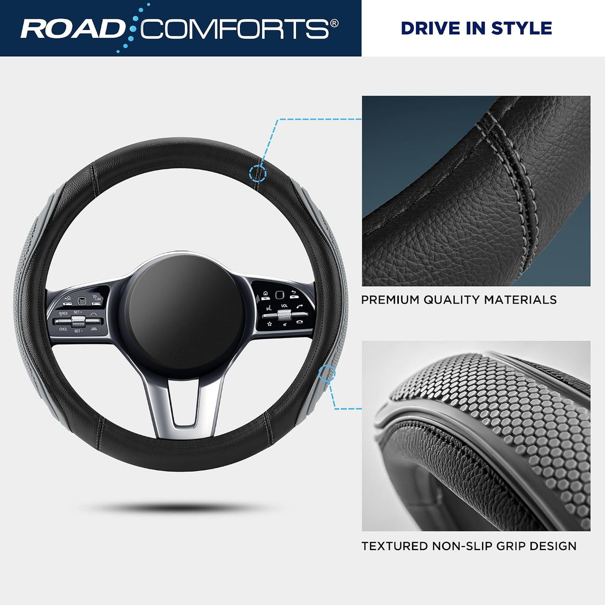 Road Comforts Car Steering Wheel Cover - Microfiber Leather Steering Wheel Wrap Sports 14.5-15 Inch Steering Wheel Cover Non-Slip for Men Women Grey Color
