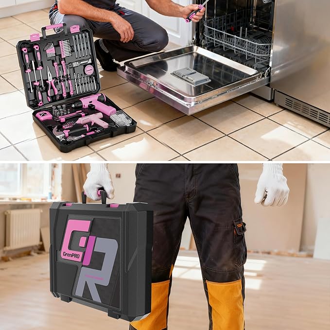 Pink Tool Set Drill Set, 188PCS Tool Kit For Home with Pink Cordless Drill Power, Hand Tool Kit for Women, Basic Household Auto Car Repair Tool Box for Men, Portable Storage Box Tools Sets
