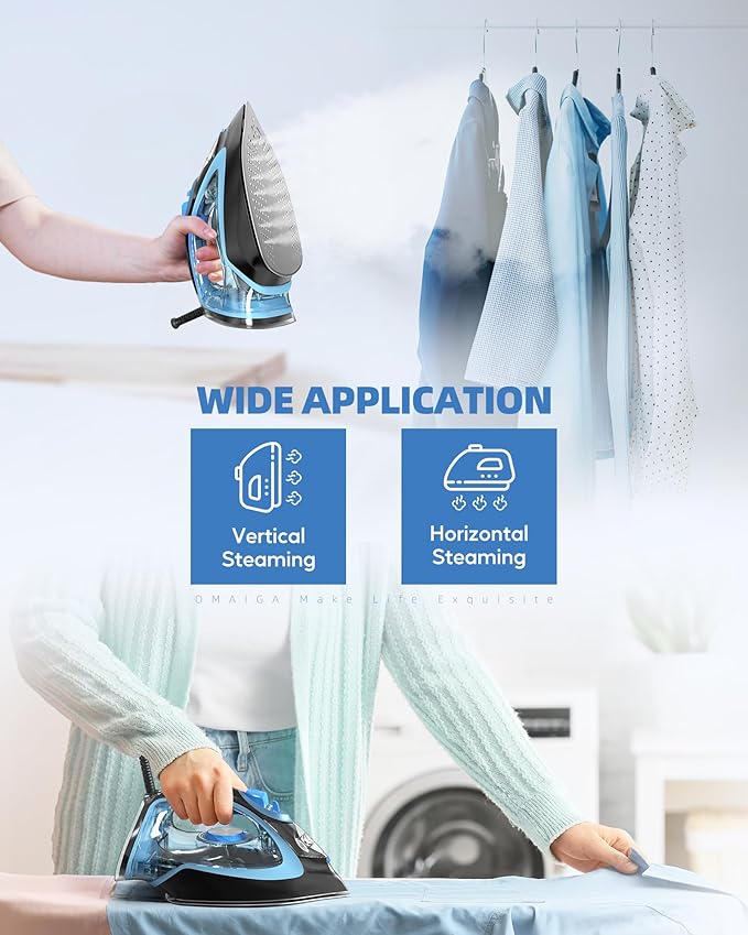 Steam Iron for Clothes, 1750W Clothes Iron Rapid Heating, Non-Stick Ceramic Soleplate, 3-Way Auto-Off, 15.21oz Water Tank, Self-Cleaning, Anti-Drip, Anti-calc Ironing Clothes for Home, Blue