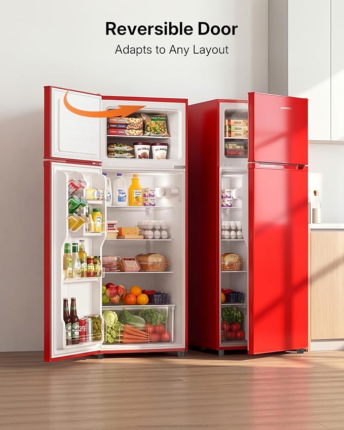 Upstreman 7.7 Cu Ft Refrigerator with Freezer Double Door Fridge | 7 Adjustable Thermostat , Reversible Door, Large Capacity Refrigerator for Apartment, Dorm, Office, Kitchen, Red (BD-75)