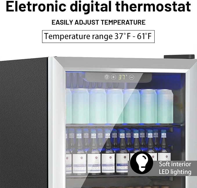 70 Can 1.7 Cu.Ft Compact Beverage Refrigerator With Glass Door | Stainless Steel Drink Cooler with Reversible Glass Door for Soda Wine Beer, Small Fridge for Home Office Bar (40℉-61℉)