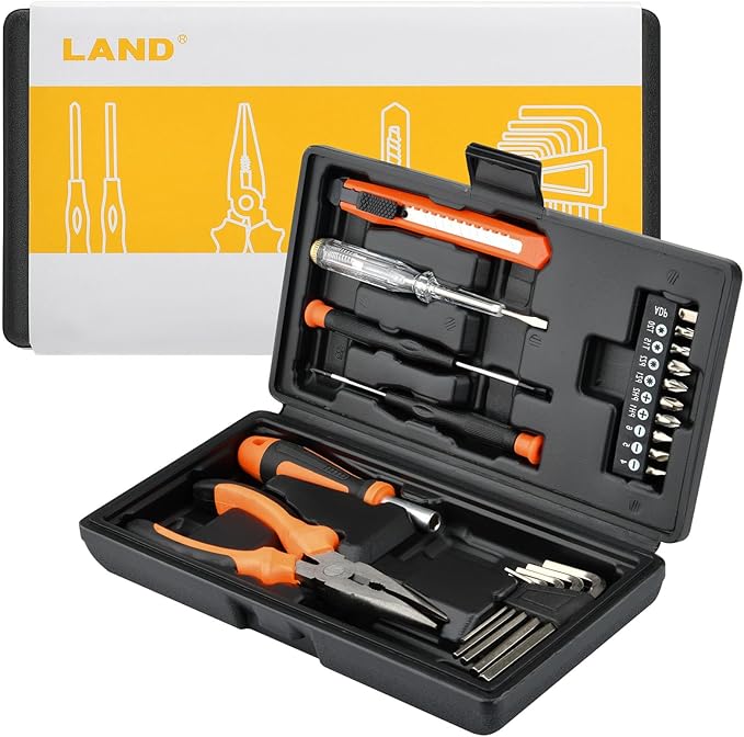 LAND 22-Piece Small Tool Kit with Toolbox - Essential Household Tool Set for Home Repair, DIY Projects, Garage & College Dorm, Includes Pliers, Screwdrivers & Portable Storage Case