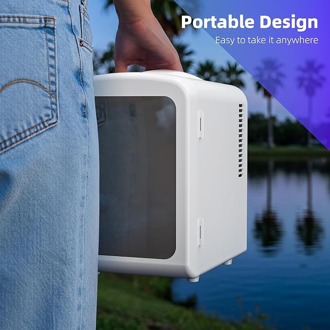 Antarctic Star Mini Fridge 4 Liter/6 Cans Portable Mini Compact Refrigerator with Gaming Light, for Bedroom,Car,Office and Dorm, Small Cooler for Cosmetics, Beverage and Food, White