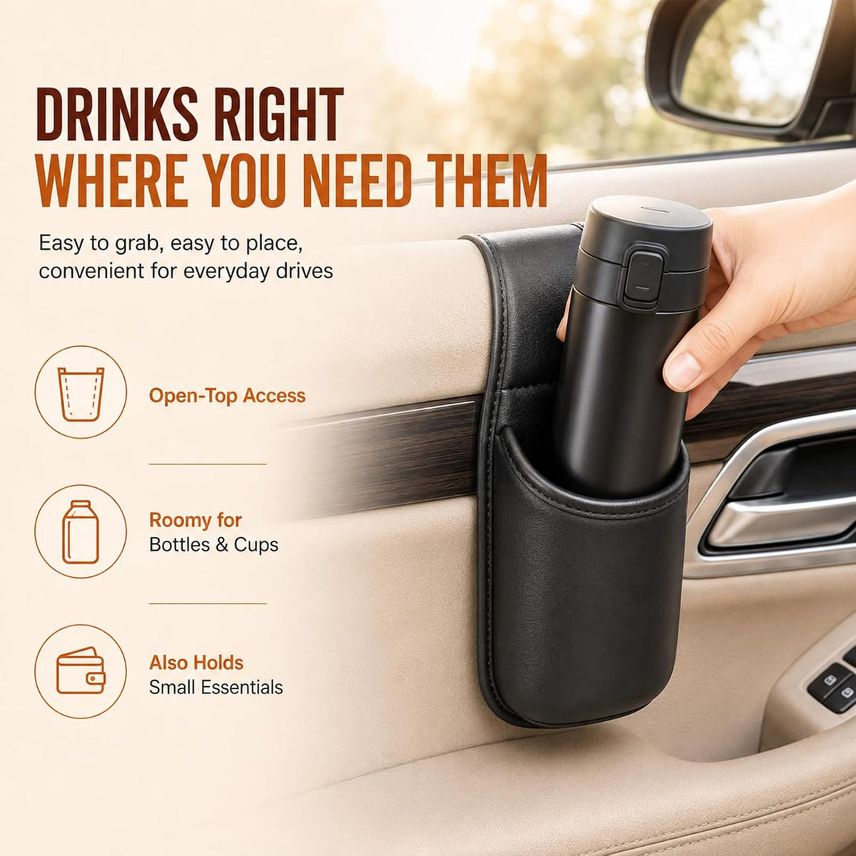 Leather Car Door Cup Holder for Window, Hanging Bottle Holder, Black