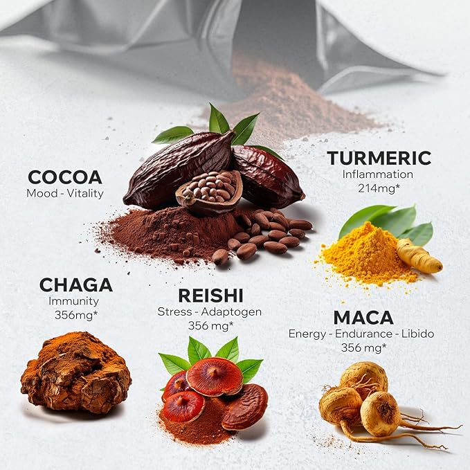 Organic Cocotropic Mushroom Hot Cocoa - Mushroom Coffee Alternative | Sugar Free Hot Chocolate | Organic Cocoa Powder, Reishi Mushrooms, Chaga, Maca Root, Turmeric | Delicious Sustained Focus, Energy & Mood Without Jitters | 16oz