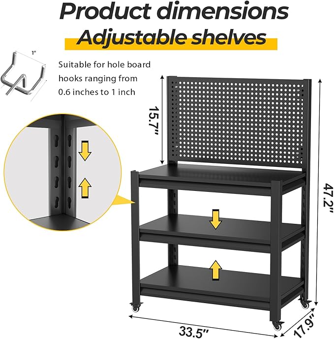 2 Sets Work Bench with Pegboard,Heavy Duty Workbench with Wheels Adjustable Shelves,Tool Cart,Work Table 47.2" H*33.46" W*18" D