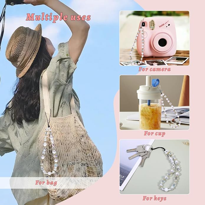 Pink Beaded Phone Wrist Straps, Y2K Phone Case Charms Camera Charm Strap