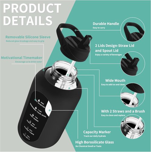 CIVAGO 64 oz Glass Water Bottle - Motivational Jug with Straw & Handle | Black Silicone Sleeve