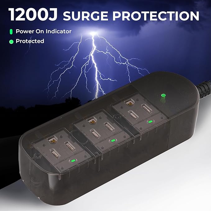 Outdoor Power Strip Weatherproof, Transparent IPX6 Waterproof Surge Protector with 3 Wide Outlets, 1625W/13A, 5FT Extension Cord, Wall Mountable for Indoor Outdoor, UL FCC Listed