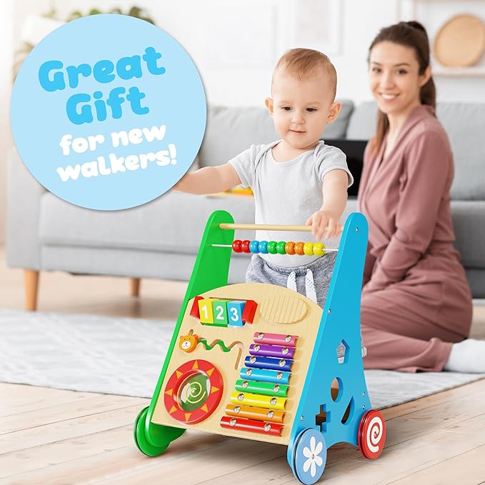 Wooden Baby Walker with Activity Center for Toddler Boys & Girls - Montessori Baby Push Walker Toy with Adjustable Speed - Baby Walker with Wheels for Kids Development by KIDDERY TOYS