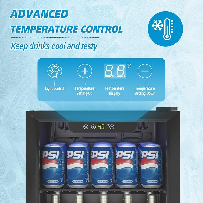 Erivess Mini Fridge 60 Can Beverage Refrigerator Cooler Glass Door for Soda | 1.3 Cu Ft Drink Fridge for Home/Bar/Office with LED Display, Digital Temperature Control, Removable Shelves for Wine, Black