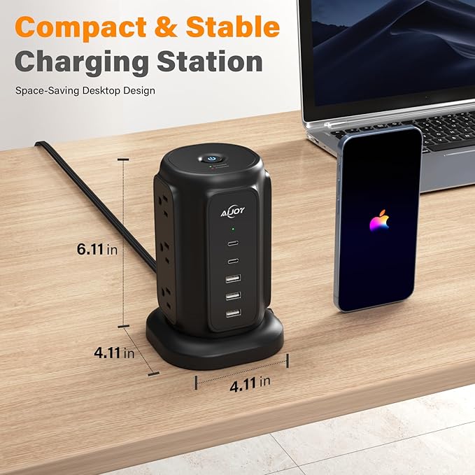 AiJoy Tower Surge Protector Power Strip, 14-Device Charging Station with 9 AC Outlets & 5 USB (2 USB-C), 1200J Surge Protection, 6.5FT Flat Plug Extension Cord, Wide-Spaced Outlets, Individual Switch