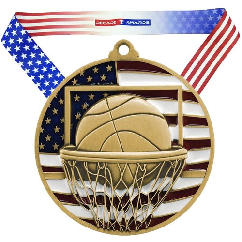 Decade Awards Patriotic Basketball Medal, Gold - 1st Place Basketball Medal with Stars and Stripes Neck Ribbon (2.75 Inch Wide)