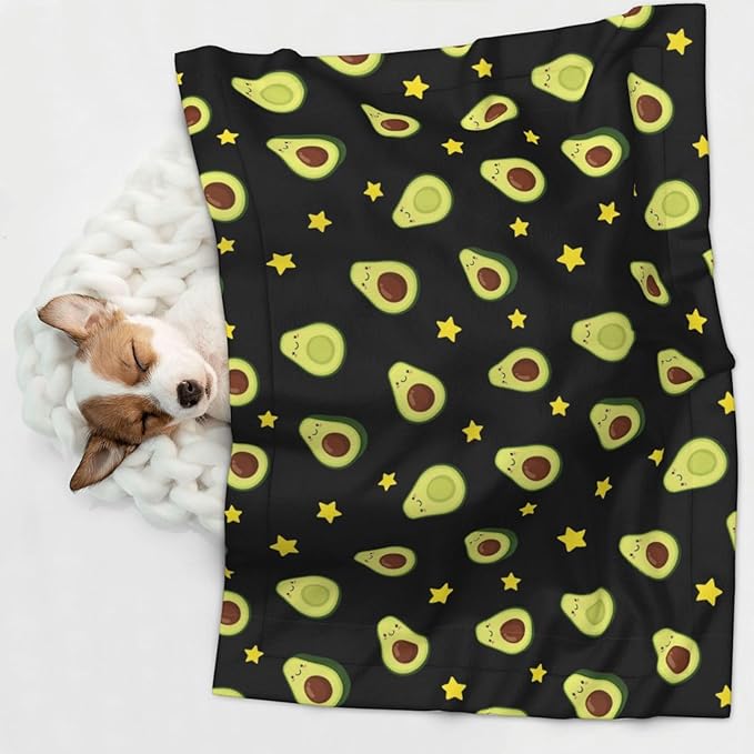 Pet Blanket for Indoor Outdoor Use, Avocado and Star Pattern Black, Two Sided Reversible Plush Mat with Bumpy Dot Texture for Patios Crates Portable Bed Companion