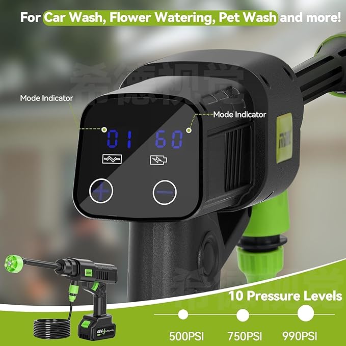 Portable Cordless Pressure Washer, 2 Battery Powered Power Washer with 6-in-1 Nozzle, 10 Adjustable Levels Portable Pressure Washer, 33FT Hose Handheld Car Washer for Patio, Floor, Garden