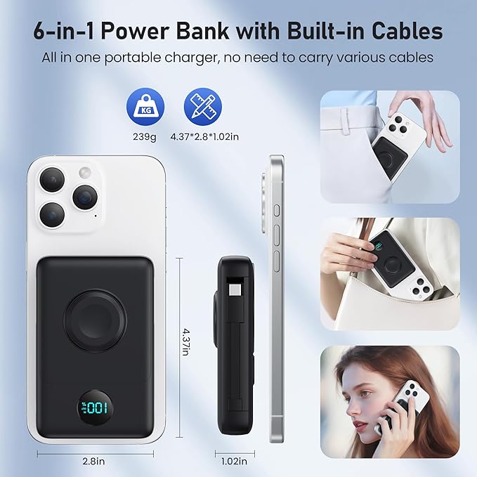 Magnetic Portable Charger for MagSafe with Built-in Cable, iWatch Charger,10800mAh Wireless Power Bank Travel Essentials,25W PD Fast Charging Battery Pack for iPhone 17/16/15/14/13 Series,Apple Watch