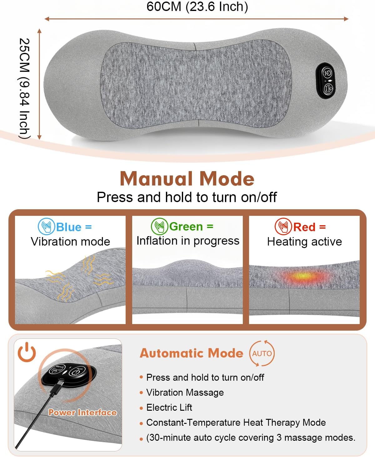 Triple Fusion Back Massager with Heat, Vibration & Air Traction for Sciatica Pain Relief, 3-in-1 Electric Back Massager Pillow, Lumbar Support Pillow for Office Chair and Home,Recliner Use