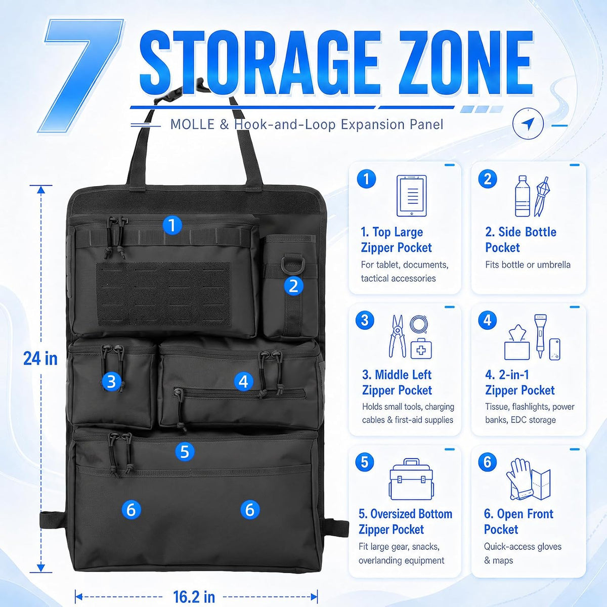 Tactical MOLLE Car Seat Back Organizer, Universal Vehicle Backseat Storage Organizer with Detachable Pouches, Multi Pockets Car Travel Essentials Accessories, Fit Car Truck SUV Jeep