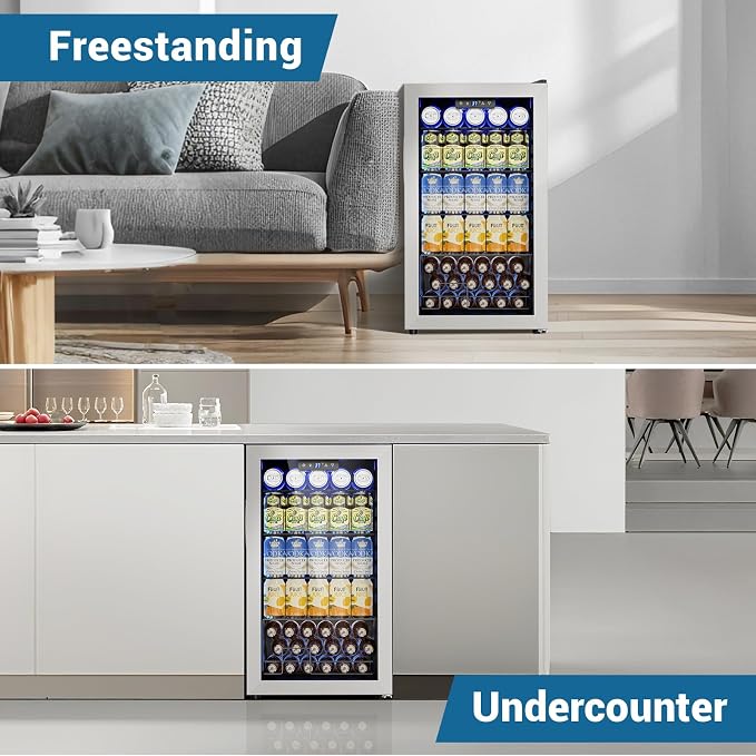 Velivi Mini Beverage Refrigerator 3.2 Cu. Ft Small Fridge 126 Can Lockable Drink Cooler with Glass Door, Safety Lock, For Beer Soda, Silver | Small Fridge 126 Can Lockable Drink Cooler with Glass Door, For Beer Soda, Silver