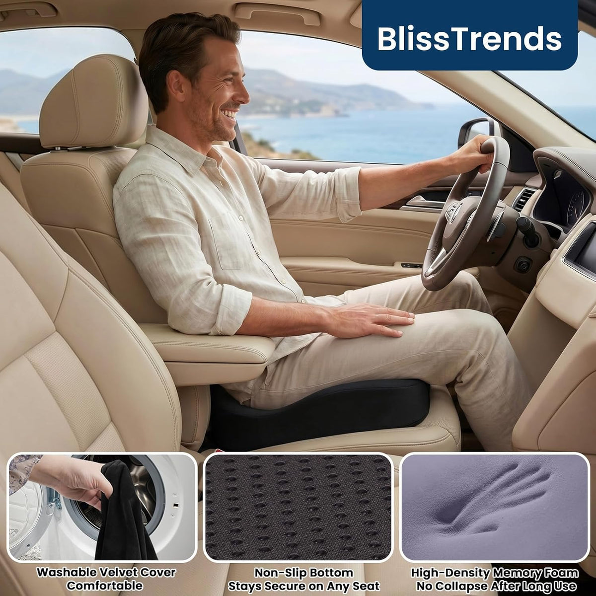 BlissTrends Memory Foam Seat Cushion for Office Chair & Car Seat, Black