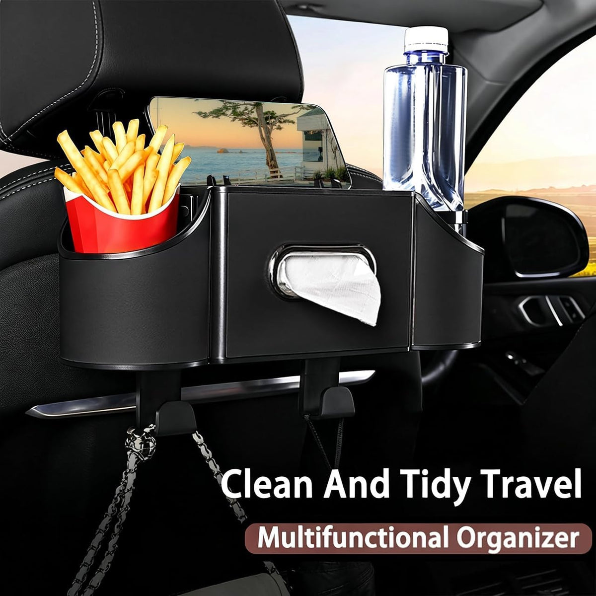 Back Seat Car Organizer, Nappa Leather Seat Organizer with Cup Holders