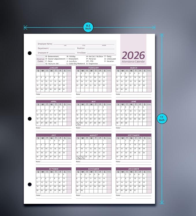 Attendance Calendar Employee Card Attendance Record Tracker 2026, Heavy 100lb