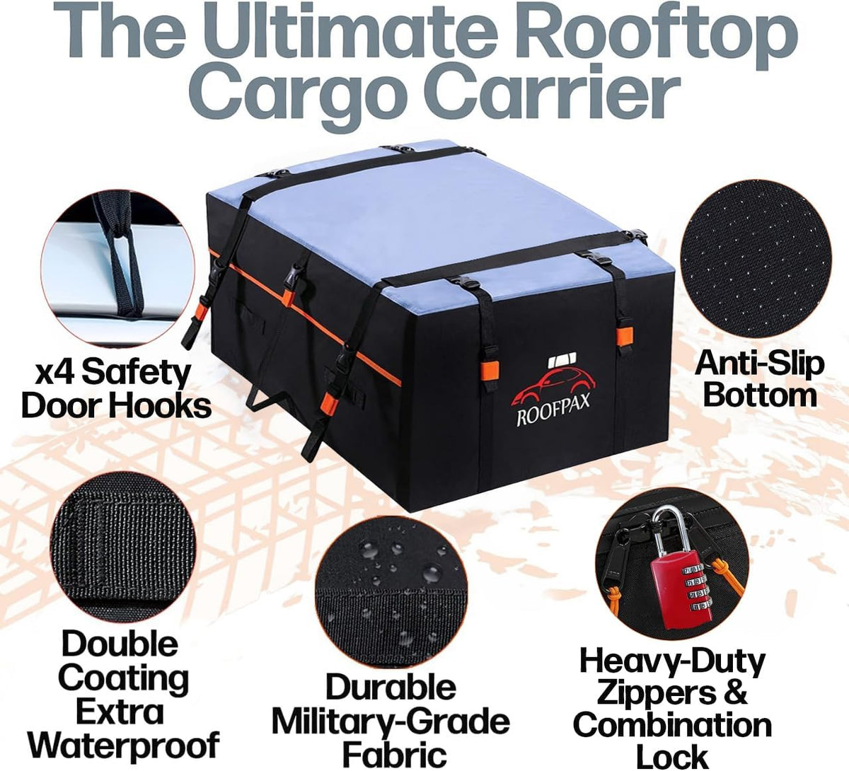 RoofPax Rooftop Cargo Carrier Bag - 23 cft. Extra Waterproof with Double Weatherproof Zippers & 10 Tie-Down Straps