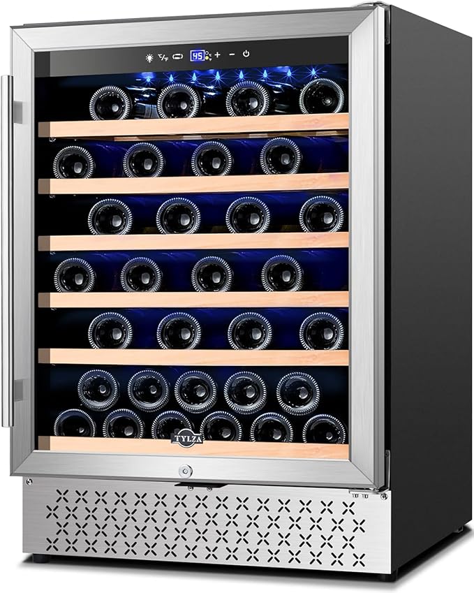24 Inch Wine Fridge, 54 Bottles Wine Refrigerator, Under Counter or Freestanding, 40-65°F, Lock, Double Layer Tempered Glass Door, Wine Cooler Refrigerator with Adjustable Wooden Shelves
