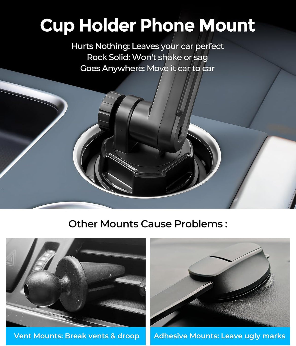 Dual Cup Holder Phone Mount for Car, 360° Adjustable Fits Two Phones