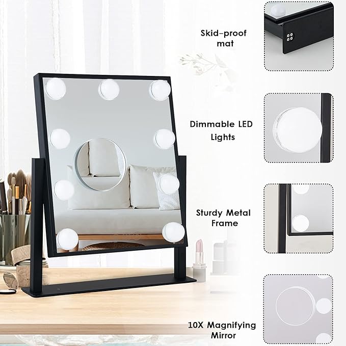Lighted Makeup Mirror Hollywood Mirror Vanity Mirror with Lights, Touch Control Design 3 Colors Dimable LED Bulbs, Detachable 10X Magnification, 360°Rotation, Black.
