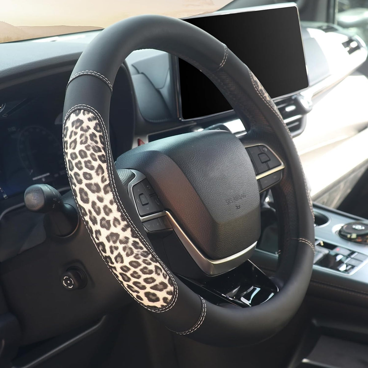 KAFEEK 15 in Leopard Steering Wheel Cover, Microfiber Leather, Black Beige