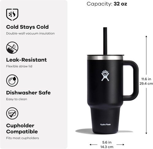 Hydro Flask Travel Tumbler - Insulated Stainless Steel with Handle, Lid & Straw | 32 Oz Surf Blue
