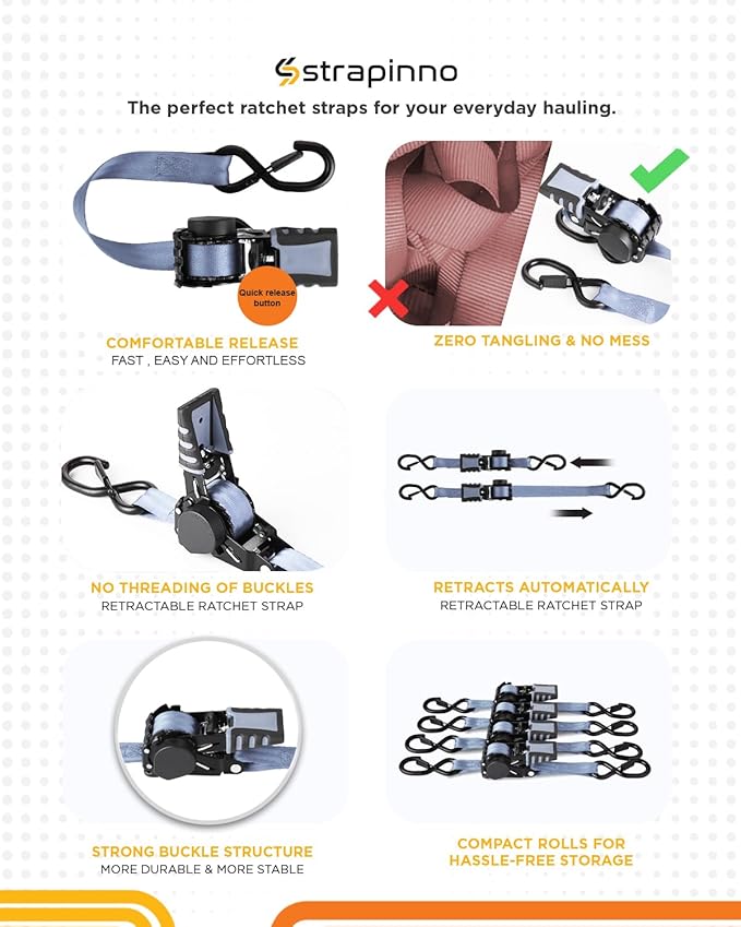 Strapinno 4pcs Retractable Ratchet Straps Bundle 1in x 6ft Ratchet Tie Down with Rubber Coated Steel Handle, S Hooks, Breaking Strength 1500 lbs Each (Grey)