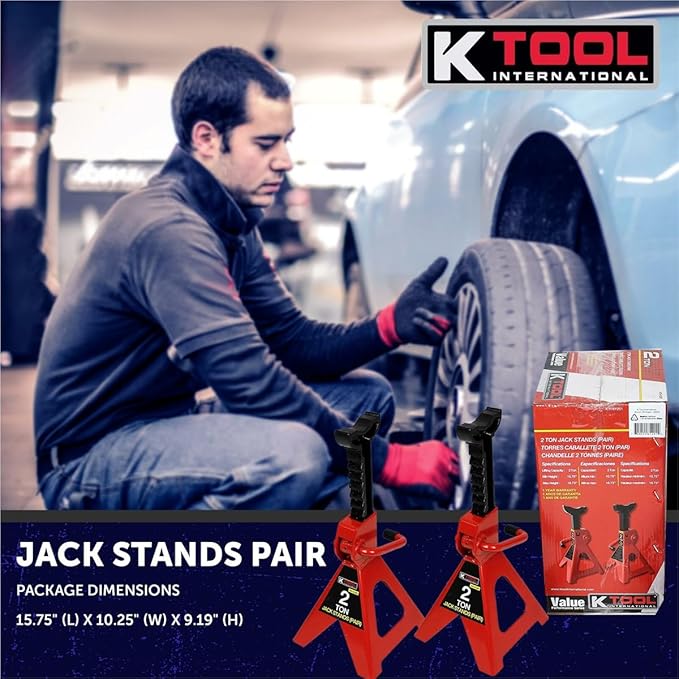 K Tool International 61201 2 Ton Automotive Jack Stands for Garages, Repair Shops, and DIY, Lightweight, 4,000 lbs. Capacity, Heavy Duty Steel Frame, Adjustable Height 10.75"-16.73", Red/Black, Pair