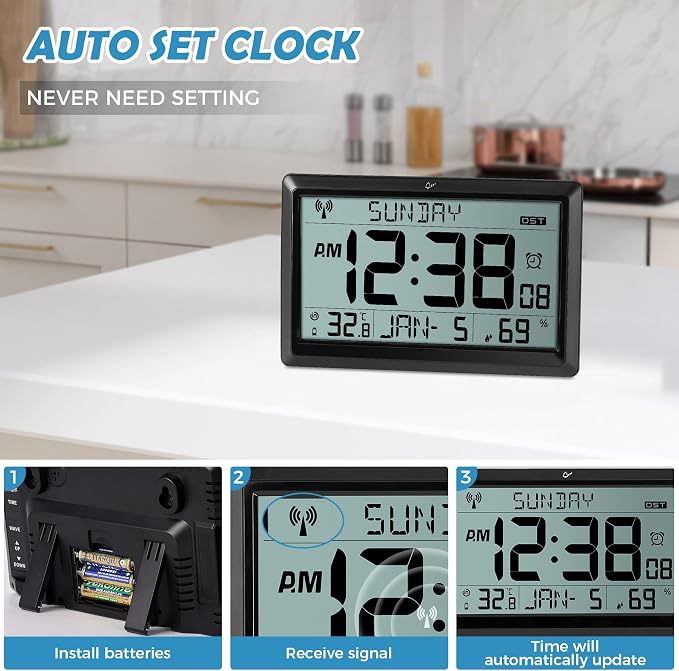 SZELAM Atomic Clock, 10.5"Large Display Digital Wall Clock Battery Operated