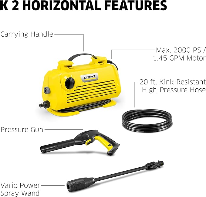 Kärcher Pressure Washer K 2 Horizontal, Vario Power Spray Wand - for Cars, Decks, Driveways, Siding, Patios, max. 2000 PSI 1.2 max. GPM