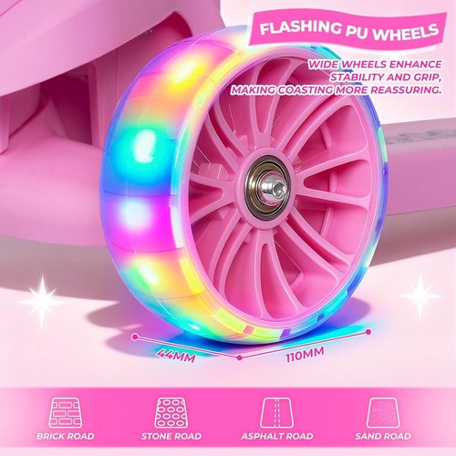 Nattork Kids Scooter - Light Up Wheels & Adjustable Height - Lean-to-Steer, Anti-Slip Deck, Ages 3-8