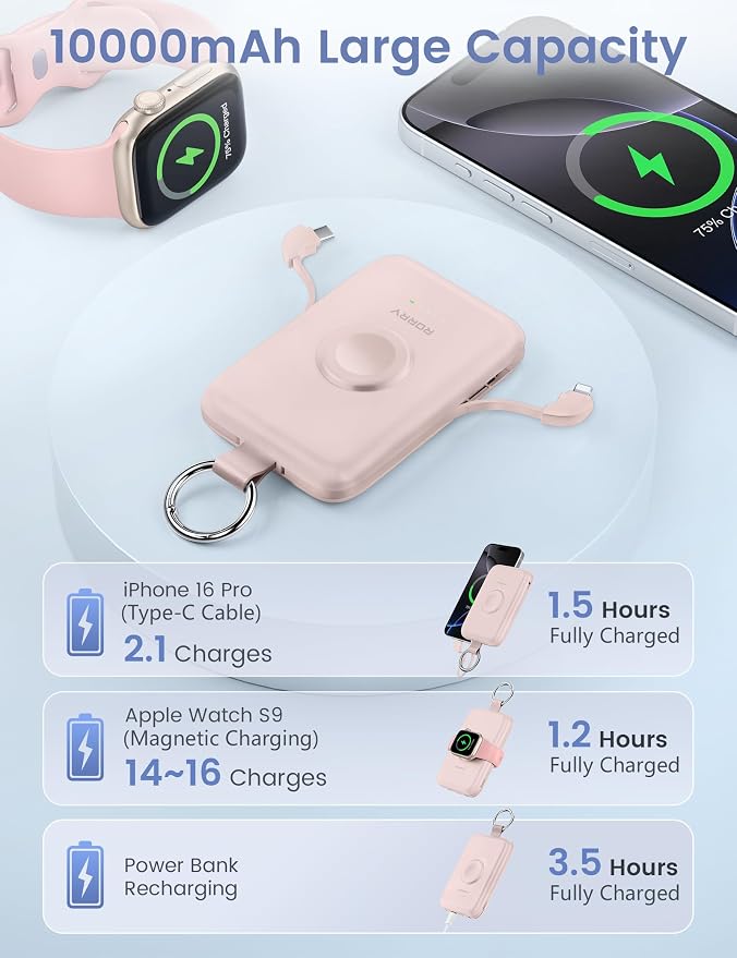 RORRY Portable Charger, 10000mAh PD 20W Fast Charging Portable Charger Power Bank with Built in Cables, Travel Battery Pack for iPhone and Apple Watch Ultra/11/10/9/8/7/6/5, Pink