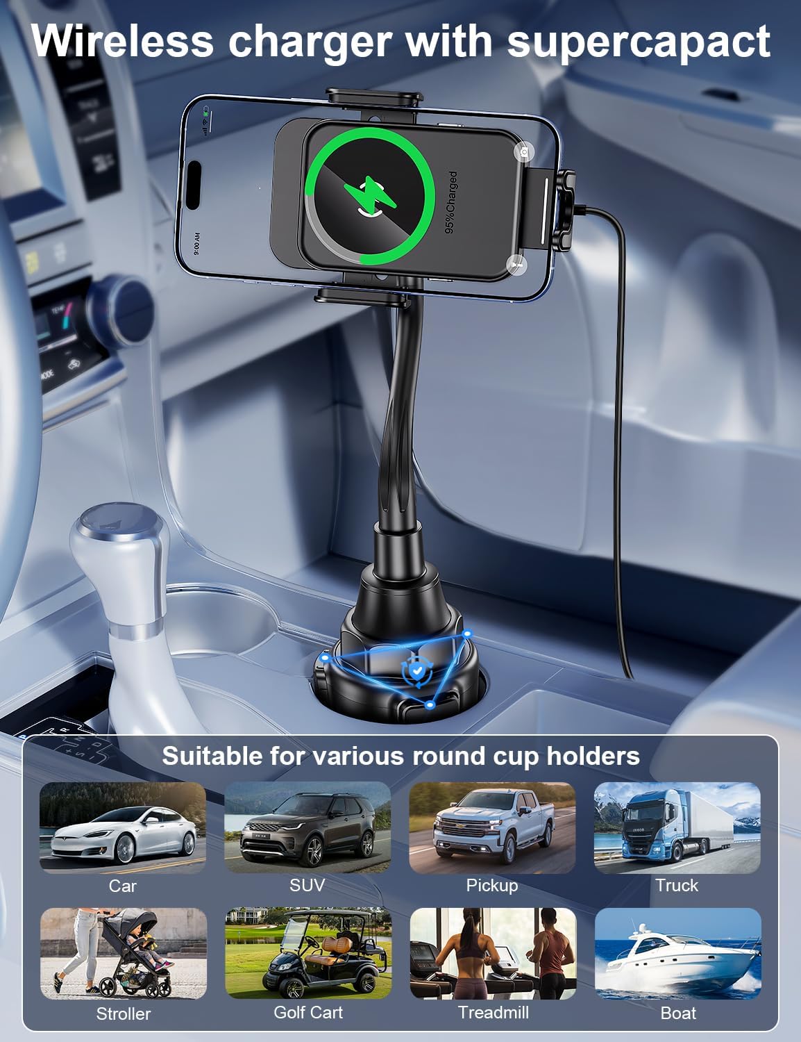 Cup Holder Phone Holder, 15W Wireless Car Charger Holder Fast Charging